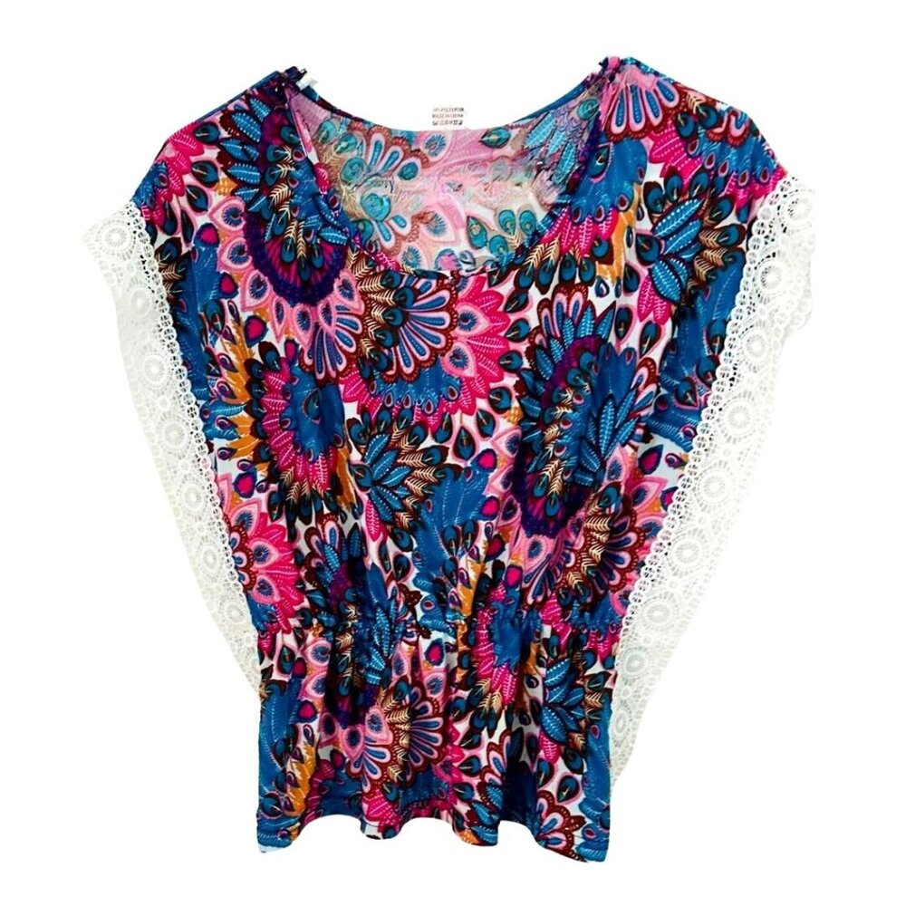 Shui Si Qing Pink & Blue Floral Lace Top  - Size Medium